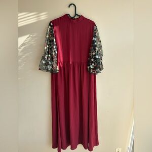 Women's Burgundy Maxi Dress with Floral Embroidered Mesh Sleeves